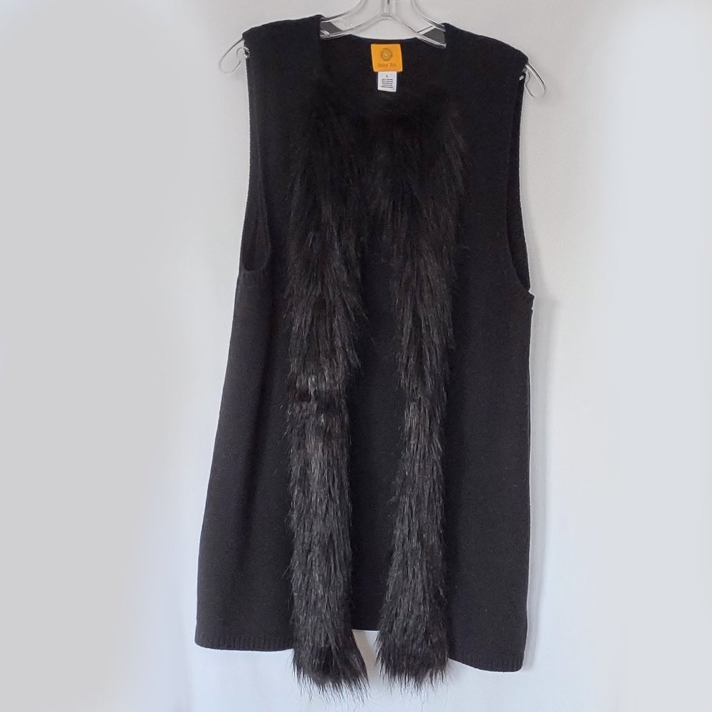 Ruby Rd. Womens Black Long Sweater Knit Vest with Faux Fur Trim L Large EUC